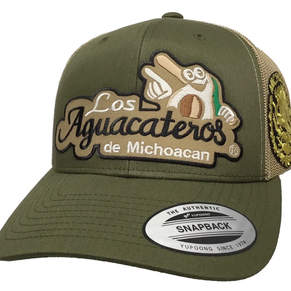 Los Aguacateros de Michoacán 2 logos hat olive green khaki mesh